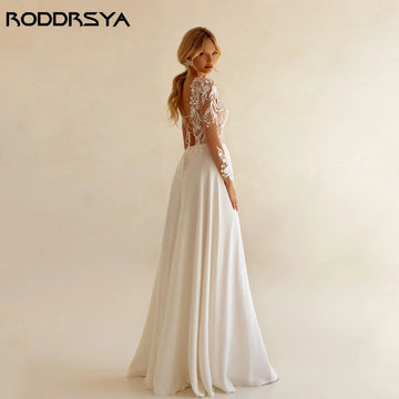 Runhufu Backless Wedding Dresses See-through Appliques Full Sleeves A-Line Bridal Gowns Chiffon Scoop Neck Boho Bride Dress